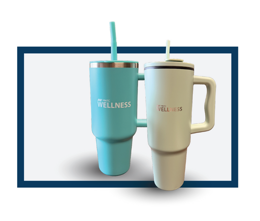 Two insulated travel mugs, one blue and one beige, with 'My Wellness' branding on a white background.