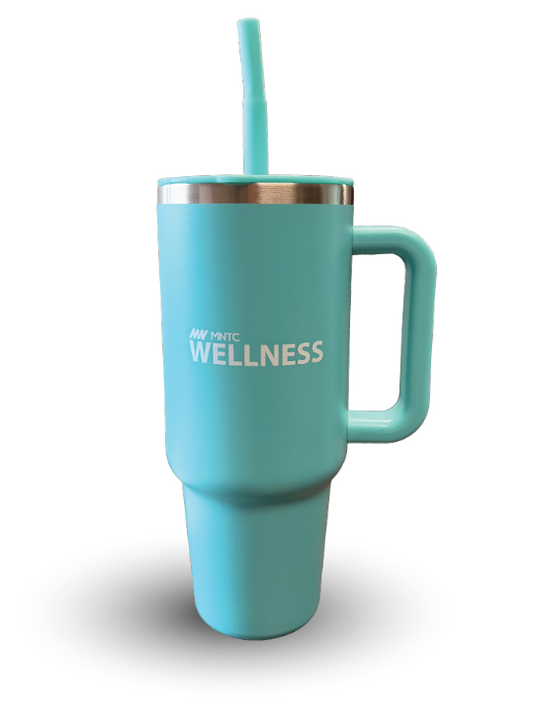 Turquoise mug with handle and straw on a white background