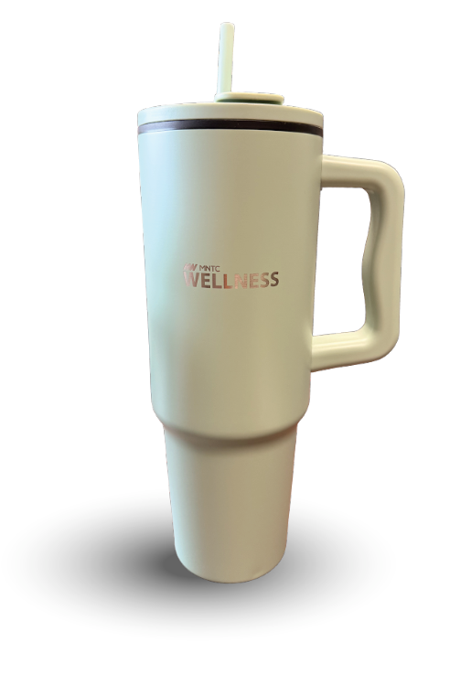 Sage mug with handle and straw on a white background